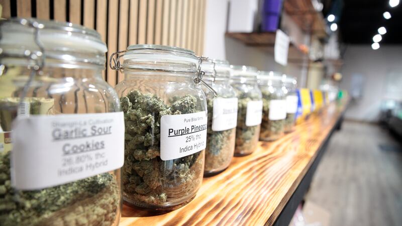 Jars of marijuana line a shelf at The Flower Shop Dispensary in Sioux Falls, S.D. on Oct. 14,...
