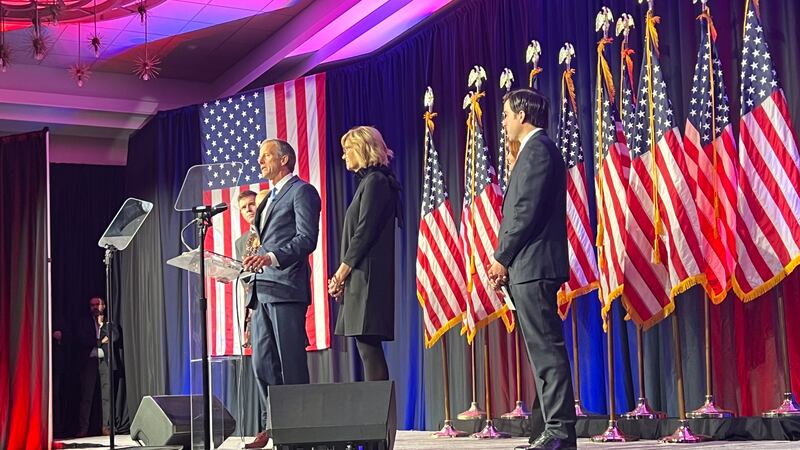 South Dakota Senator John Thune delivers remarks to supporters after being elected to a...