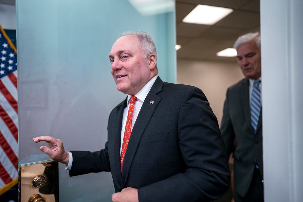 FILE - House Majority Leader Steve Scalise, R-La., joined at right by Majority Whip Tom Emmer,...