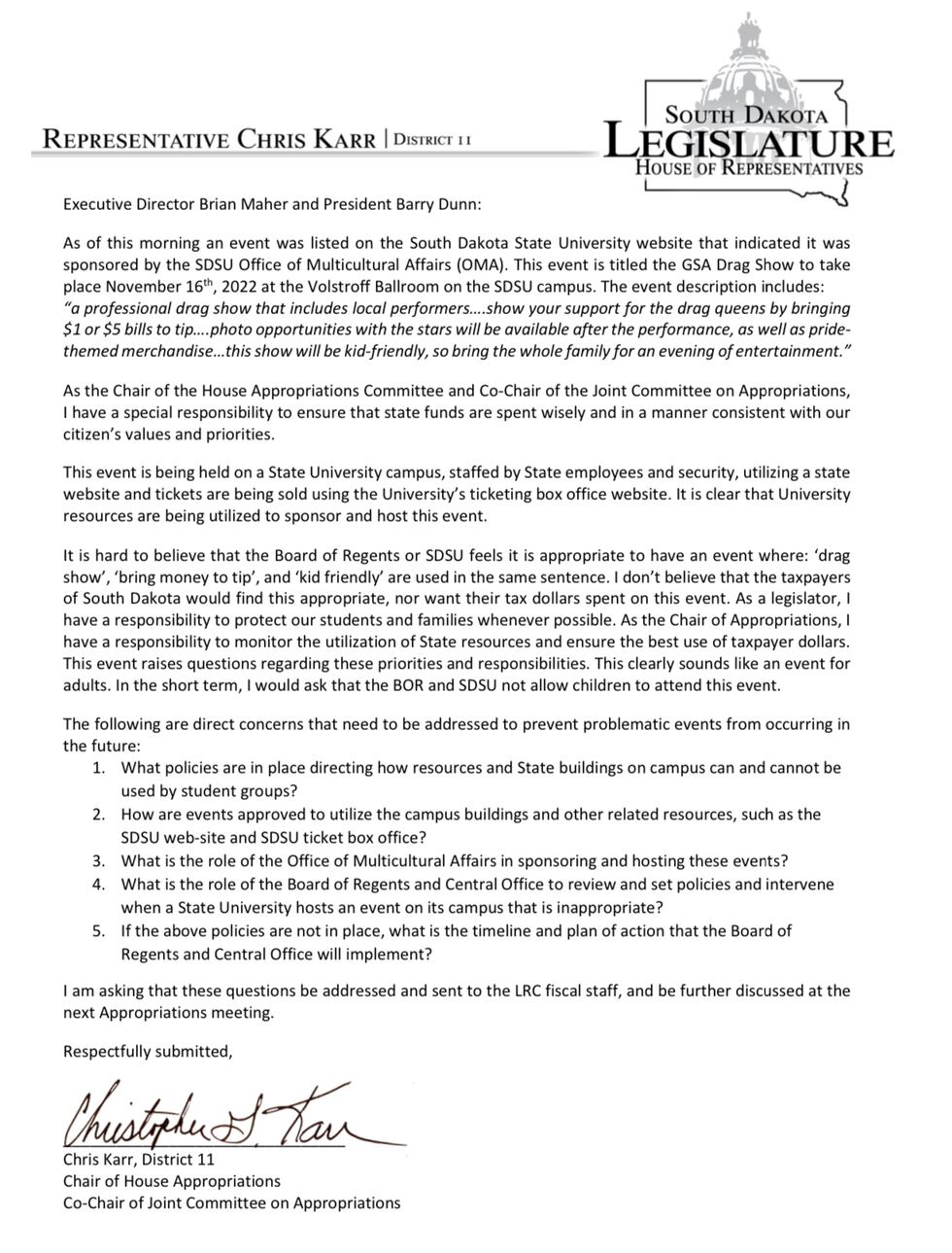 South Dakota Republican State Rep. Chris Karr (R-Sioux Falls) wrote a letter to South Dakota...