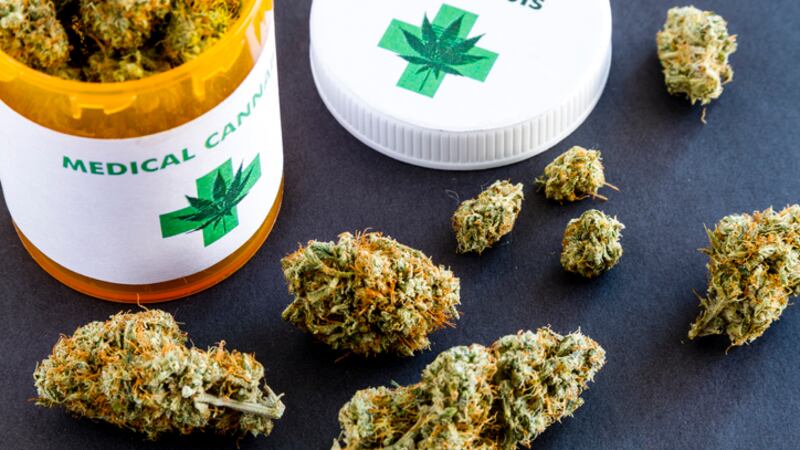 Medical marijuana buds in large prescription bottle with branded cap on black background