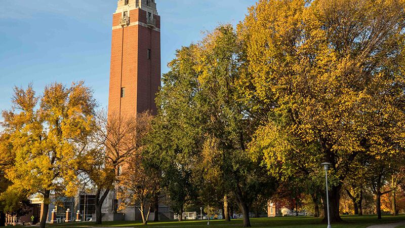 South Dakota State University tower in fall.